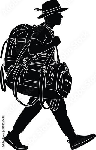 Traveler silhouette walking with heavy luggage, large backpack, duffel bag, wearing hat, adventure journey, vacation trip, nomad lifestyle, explore world, nomad, wanderlust.