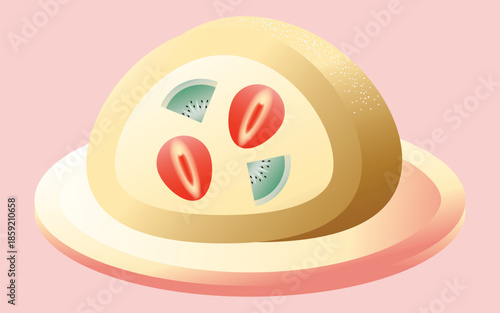 Vanilla cake roll cake on a plate vector illustration. Vanilla cake roll icon set vector isolated on a pink background. Swiss roll cake with illustration of strawberries and kiwi.