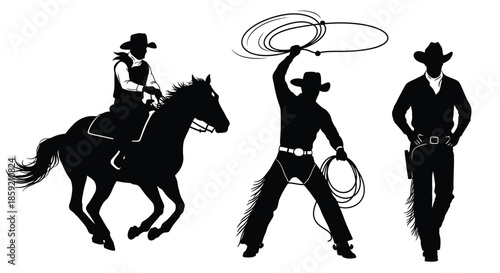 Silhouette illustrations of a cowboy on a horse, a cowboy with a lasso, and a cowboy standing