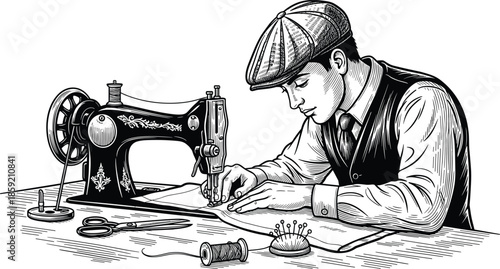 Vintage tailor at sewing machine, antique craftsmanship, historical garment making, retro fashion tools, black and white illustration, artisan workspace, detailed vector art