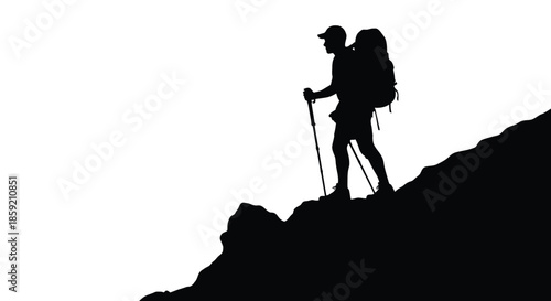 Determined Hiker Silhouette Ascending Steep Mountain Slope with Backpack and Trekking Poles, Symbolizing Challenge and Adventure on White Background