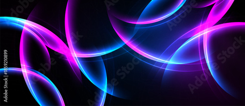 Abstract background features flowing curves, vibrant blue, pink hues. Dark space creates dramatic visual effect. Modern design.