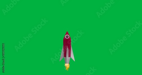 Animation of red spaceship rocket flying up and moving on black background