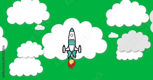 Animation of spaceship rocket taking off with cut outs of white and grey clouds