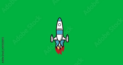 Animation of blue and white spaceship rocket flying up and moving on black background