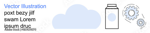 Cloud technology, data storage, process automation, digital transformation, industry innovation, remote access. Blue cloud, gears and a storage container. Cloud technology and data storage concept