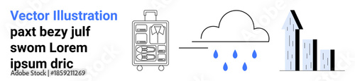 Travel, weather prediction, business growth, packing organization, climate impact, real estate development. Luggage, rain cloud and a bar graph with arrows. Travel and weather prediction concepts
