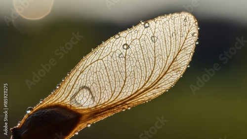 Wallpaper Mural Translucent seed wing intricate veins with dew drops shimmering in soft light capturing nature's Torontodigital.ca