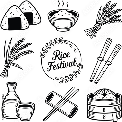 Simple black and white doodle icons representing rice, food, and cultural items for a rice festival theme