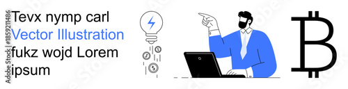 Cryptocurrency, financial technology, blockchain, business planning, innovation, investment. Person at laptop pointing with Bitcoin symbol and abstract lightbulb. Cryptocurrency and financial