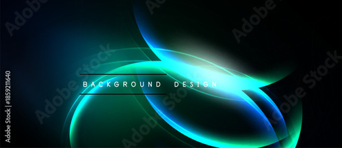 Dark background features flowing neon curves. Bright turquoise, green hues create abstract design. Text reads background design.