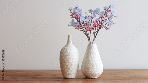 Two white decorative vases with embossed geometric patterns stand side by side on a wooden surface,