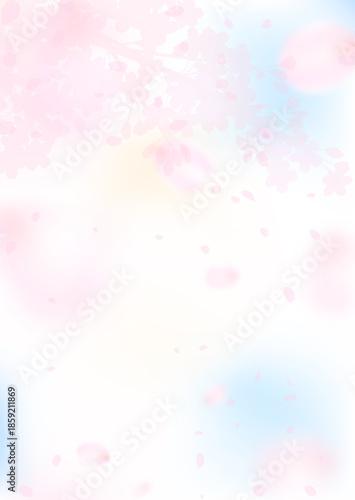淡くぼやけた幻想的な桜と青空の縦向きイラスト