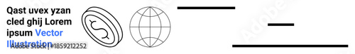 Digital finance, globalization, technology, communication, economics, marketing. Circular currency symbol, wireframe globe and horizontal lines with text. Digital finance and globalization concept