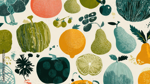 Colorful Fruit and Vegetable Pattern on Background