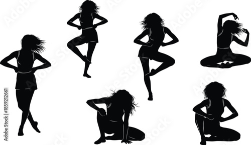 Dynamic female dancer silhouette set, woman performing expressive modern jazz dance poses, energetic athletic girl wearing dress, vector illustration isolated on white backgroundDynamic female dancer 