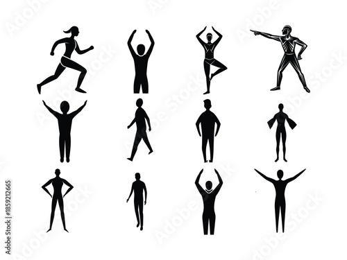 Collection of Black Human Silhouettes in Various Poses on White Background people