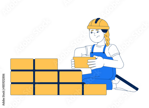 Unhappy young girl doing brickwork labor 2D cartoon character. Kid builder bricklaying struggling. Underage worker laying brick flat vector person isolated on white. Spot illustration colorful