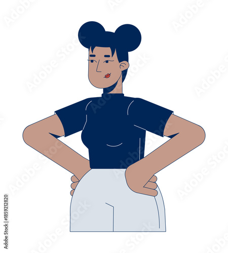 Confident self-assured black woman hands on hips 2D cartoon character. Empowered stance. African american female standing proud flat vector person isolated on white. Spot illustration colorful