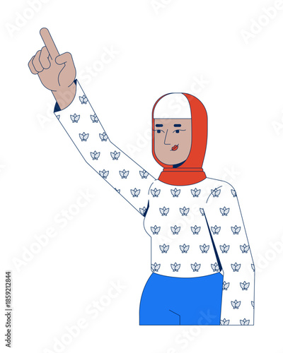 Empowered muslim woman in hijab raising finger 2D cartoon character. Cultural strength. Arab religious identity. Modern muslimah flat vector person isolated on white. Spot illustration colorful