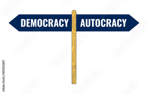 Democracy vs autocracy direction sign 2D cartoon object. Political choices signpost. Freedom and control. Civic decision-making isolated element flat vector clip art on white. Spot illustration