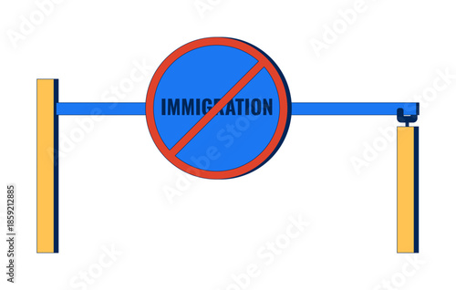 Immigration ban symbol with barrier gate 2D cartoon object. Entry denied. Anti-immigration policy and border restriction isolated element flat vector clip art on white. Spot illustration