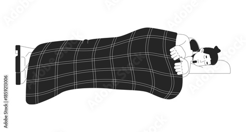 Tired man sleeping in jacket and shoes under checkered blanket 2D line character. Shelter need. Homeless refugee caucasian male isolated vector ink outline person. Monochromatic spot illustration