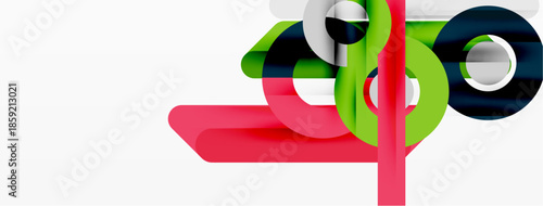 Abstract shapes overlap, creating vibrant composition. Red, green, blue elements dominate white background. Modern design.