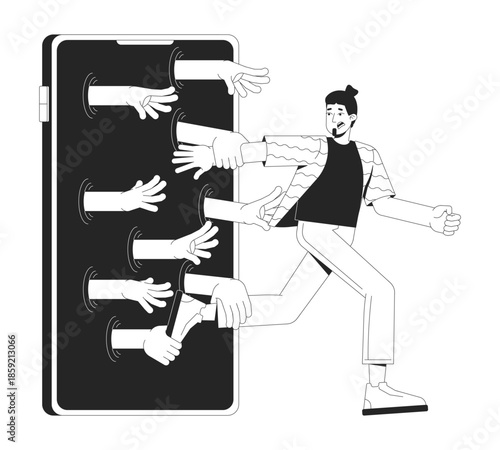 Social media addiction line illustration concept. Digital dependency. Phone obsession. Man runs away from smartphone with hands grabbing outline 2D character isolated. Ink linear metaphor vector art