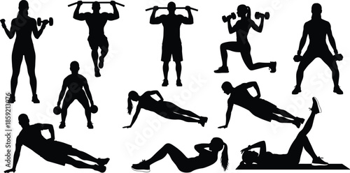 Fitness and gym exercise vector silhouette collection featuring men and women in various workout poses, athletic training design elements for health and wellness projects,