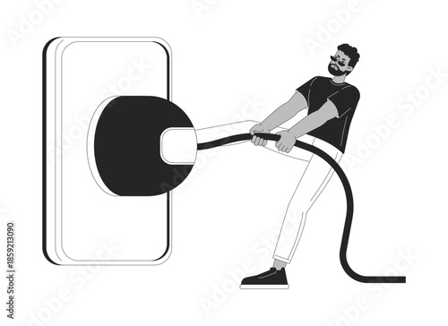 Unplugging from technology line illustration concept. Digital detox. Black man forcefully disconnecting large power cable from device outline 2D character isolated. Ink linear metaphor vector art