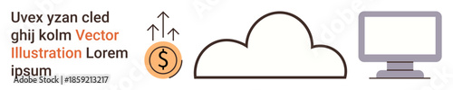 Financial systems, cloud storage, data sharing, online transactions, digital connectivity, technology trends. Cloud with dollar coin symbol and desktop computer. Financial systems and cloud storage