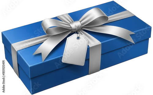 Luxurious navy blue rectangular gift box with reflective silver ribbon and blank hanging label presented at an angle on isolated background