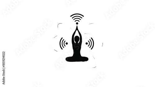 Silhouette of person in meditation pose with radiating Wi-Fi signals, symbolizing digital connection and mindfulness.