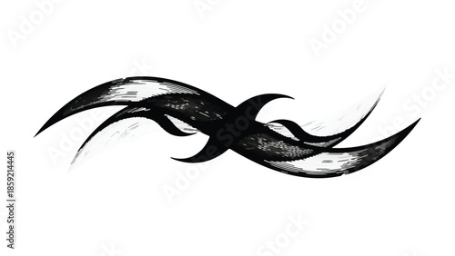 Abstract black ink brush stroke design with organic flowing shapes, evoking a sense of movement and energy.