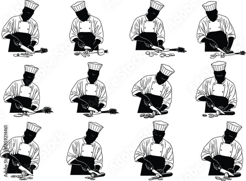 Chef, cooking, kitchen, silhouette, chopping, vegetables, uniform, culinary, food prep, black and white, knife, carrots, onions, grid, repetition, pattern, illustration, professional, restaurant, art