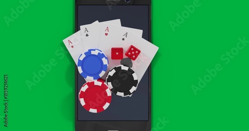 Animation of casino chips, dice and playing cards on black background