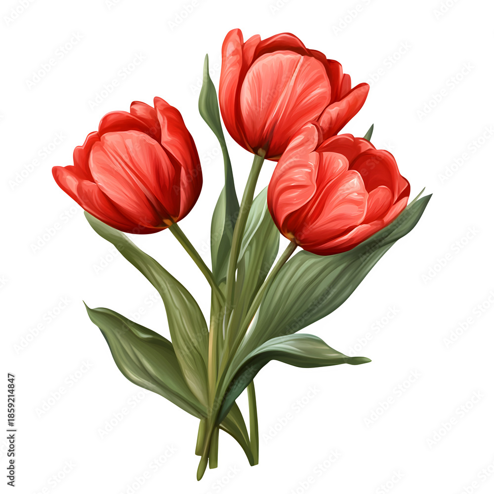 Obraz premium Three Red Tulips in Full Bloom with Green Leaves and Stems