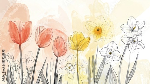 A hand-drawn illustration of spring flowers like tulips and daffodils, with soft lines and pastel shades.