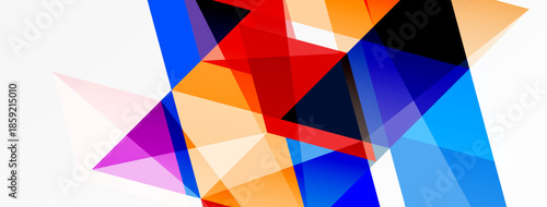 Abstract geometric shapes overlap, creating vibrant color contrasts. Composition features triangles, lines, dynamic visual energy.
