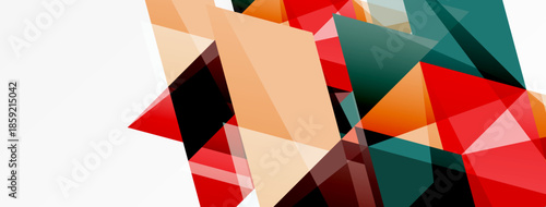 Abstract geometric shapes overlap, creating dynamic composition. Red, beige, teal colors dominate design. Minimalist style.