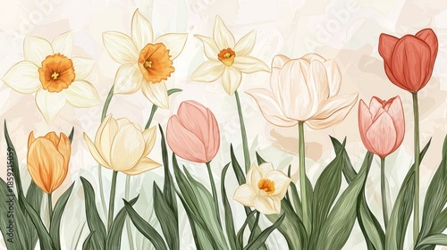 Wallpaper Mural A hand-drawn illustration of spring flowers like tulips and daffodils, with soft lines and pastel shades. Torontodigital.ca