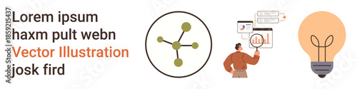 Technology, data visualization, innovation, idea generation, online research, project management. Network diagram, person analyzing data and a light bulb. Technology and data visualization concepts