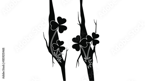 Symbolic black silhouette of shamrocks growing on branches against a white background, representing luck and nature.