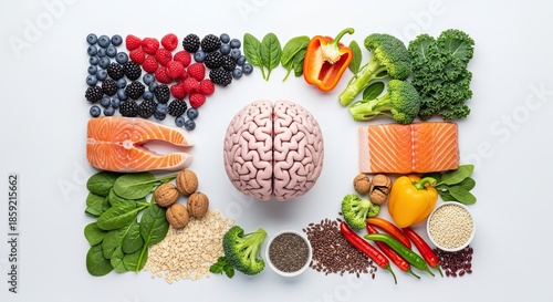 Brain food concept with healthy foods to boost brain power and memory function and concentration
