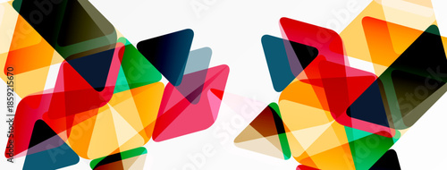 Abstract geometric shapes overlap, creating vibrant colorful composition. Background is white, design feels modern, dynamic.