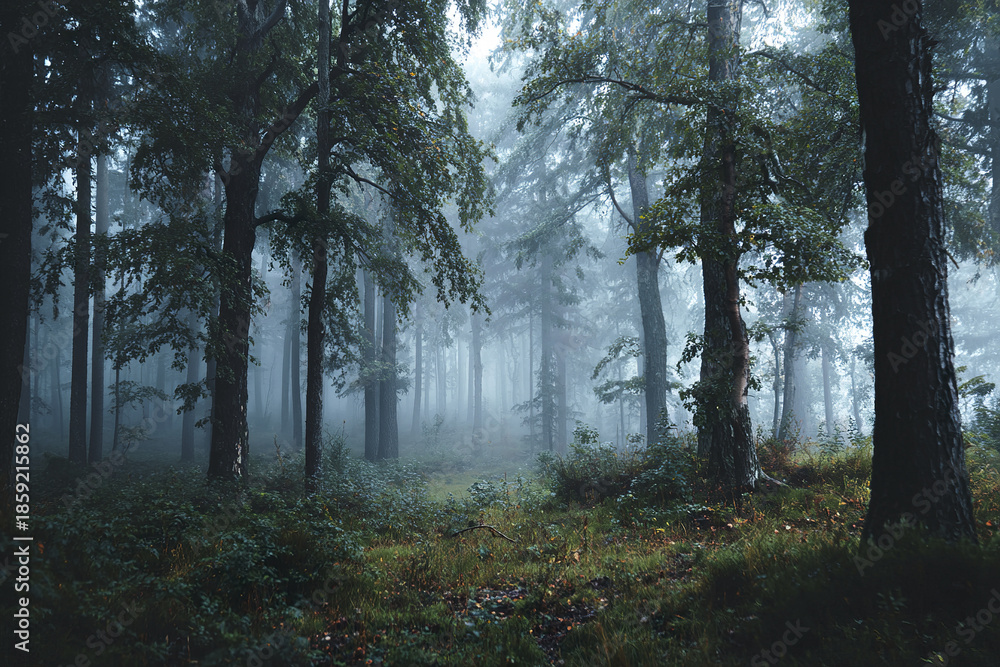 Obraz premium Foggy woodland with tall trees and dense green foliage creating calm and mysterious nature scene in early morning light
