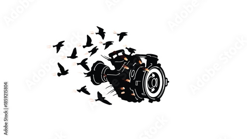 Mechanical turbine transforming into flock of birds, symbolizing freedom and innovation.