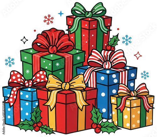 Pile of colorful Christmas presents with bows and holly decorations