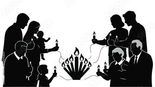 Diverse families gather to light candles, celebrating tradition and togetherness in a shared moment of warmth.